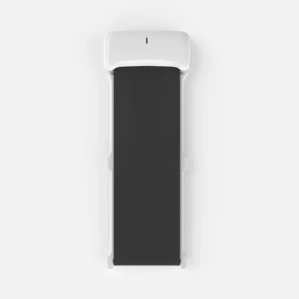 Vue de dessus d'un tapis de marche pliable moderne, idéal pour les espaces restreints. Conçu pour optimiser l'activité physique au bureau ou à la maison, avec une silhouette épurée et compacte.