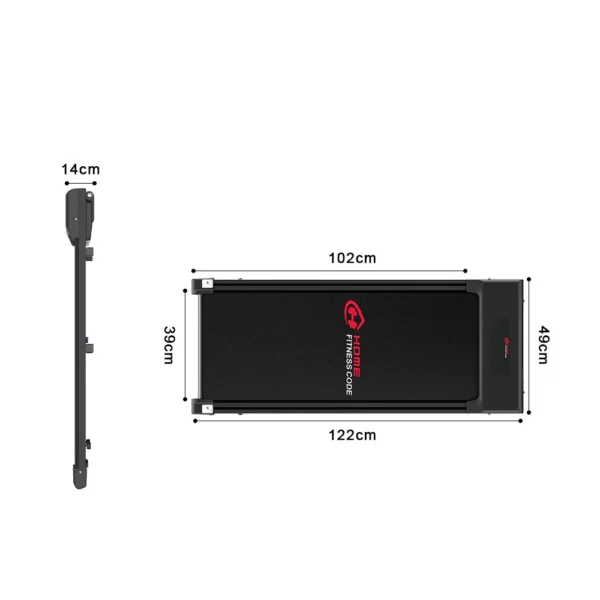 Schéma détaillé d'un tapis de marche pliable avec dimensions spécifiques : longueur de 122 cm, largeur de 49 cm et épaisseur de 14 cm une fois plié. Idéal pour les espaces restreints, ce tapis de marche compact offre une solution pratique pour rester actif au bureau ou à la maison.