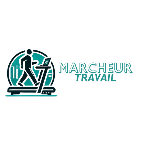 Logo de Marcheur Travail, représentant une personne marchant sur un tapis de marche tout en travaillant sur un ordinateur. Idéal pour promouvoir le concept de rester actif et productif simultanément, adapté pour les environnements de bureau modernes.