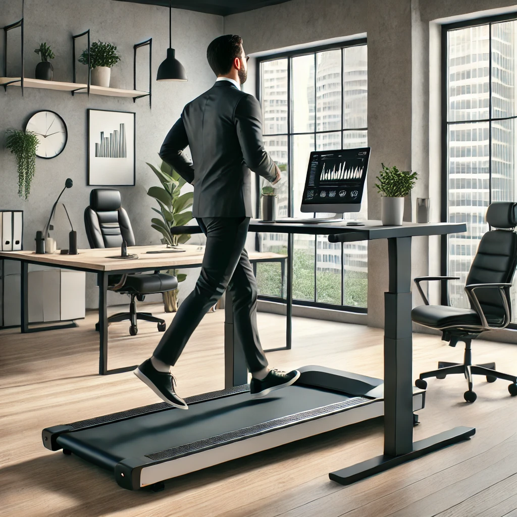 Un bureau moderne avec un tapis de marche intégré sous un bureau debout, représentant un professionnel en train de marcher tout en travaillant sur un ordinateur portable. Un espace lumineux et minimaliste, idéal pour améliorer la productivité et le bien-être au travail.