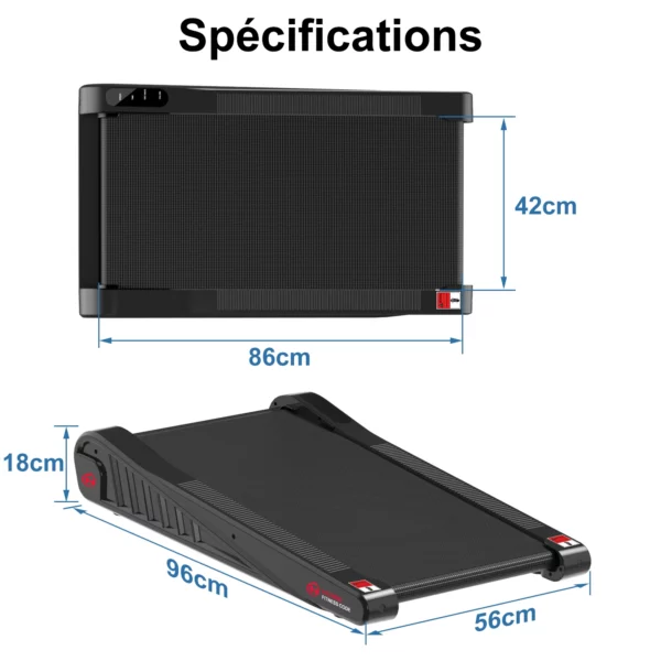 Découvrez les spécifications du tapis de marche incliné HomeFitnessCode : Compact et pratique avec des dimensions de 96 cm de longueur, 56 cm de largeur et seulement 18 cm de hauteur. Facile à ranger, il offre une solution parfaite pour rester actif même dans des espaces réduits.